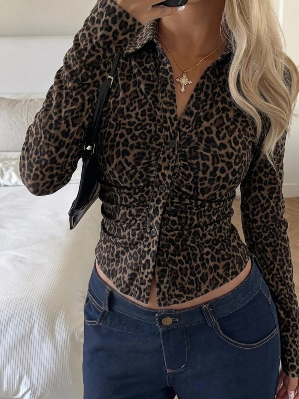 Multicolor Casual Women's Leopard Print Long Sleeve Knit Fitted T-Shirt